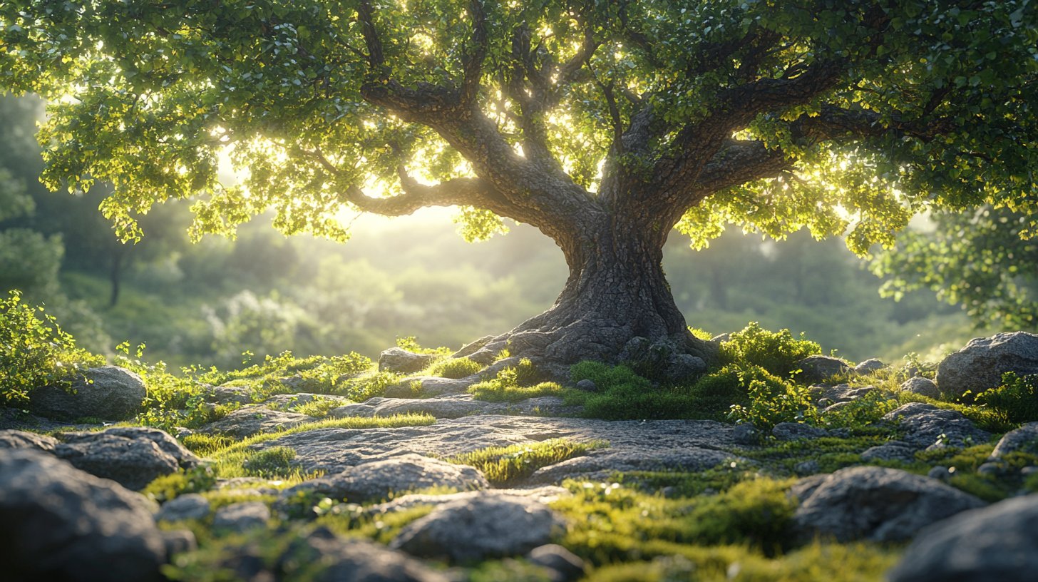 Un paesaggio sereno che rappresenta i segni di terra con un forte albero simboleggia stabilità e lealtà.