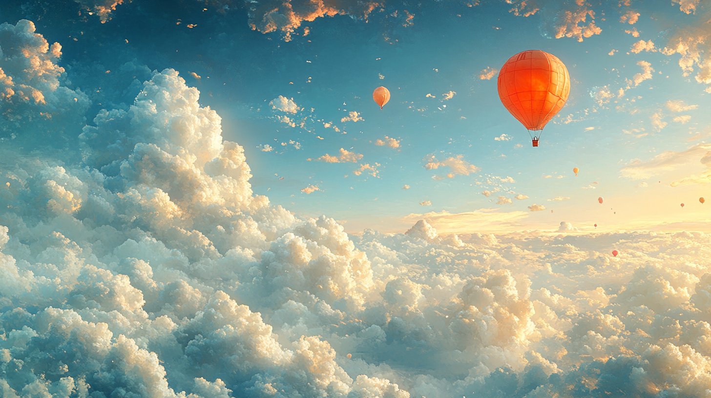 Una scena fantasiosa di segni d'aria con nuvole fluttuanti simboleggia avventura e libertà.