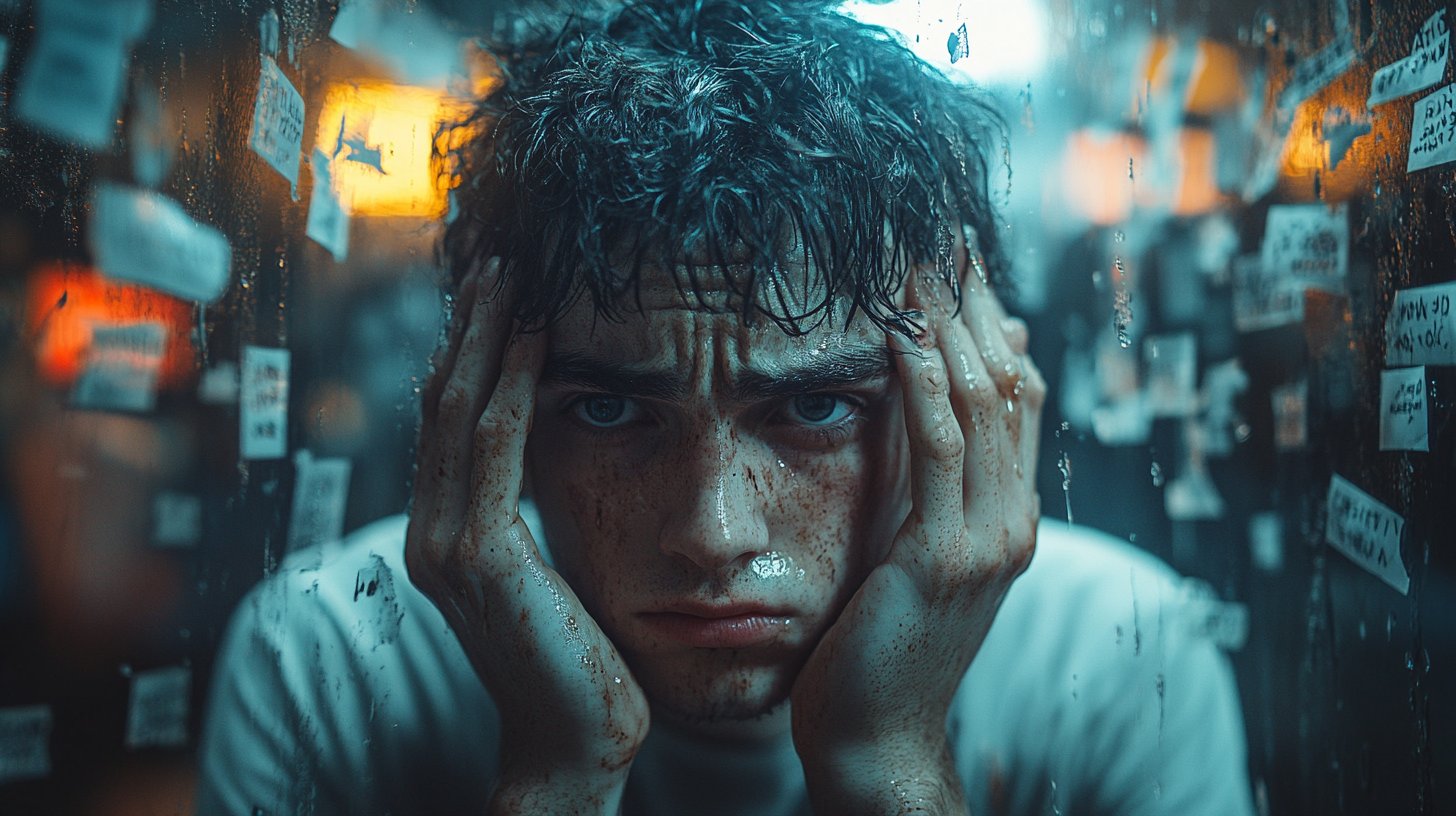 Una persona desanimada se mira en el espejo rodeada de críticas.