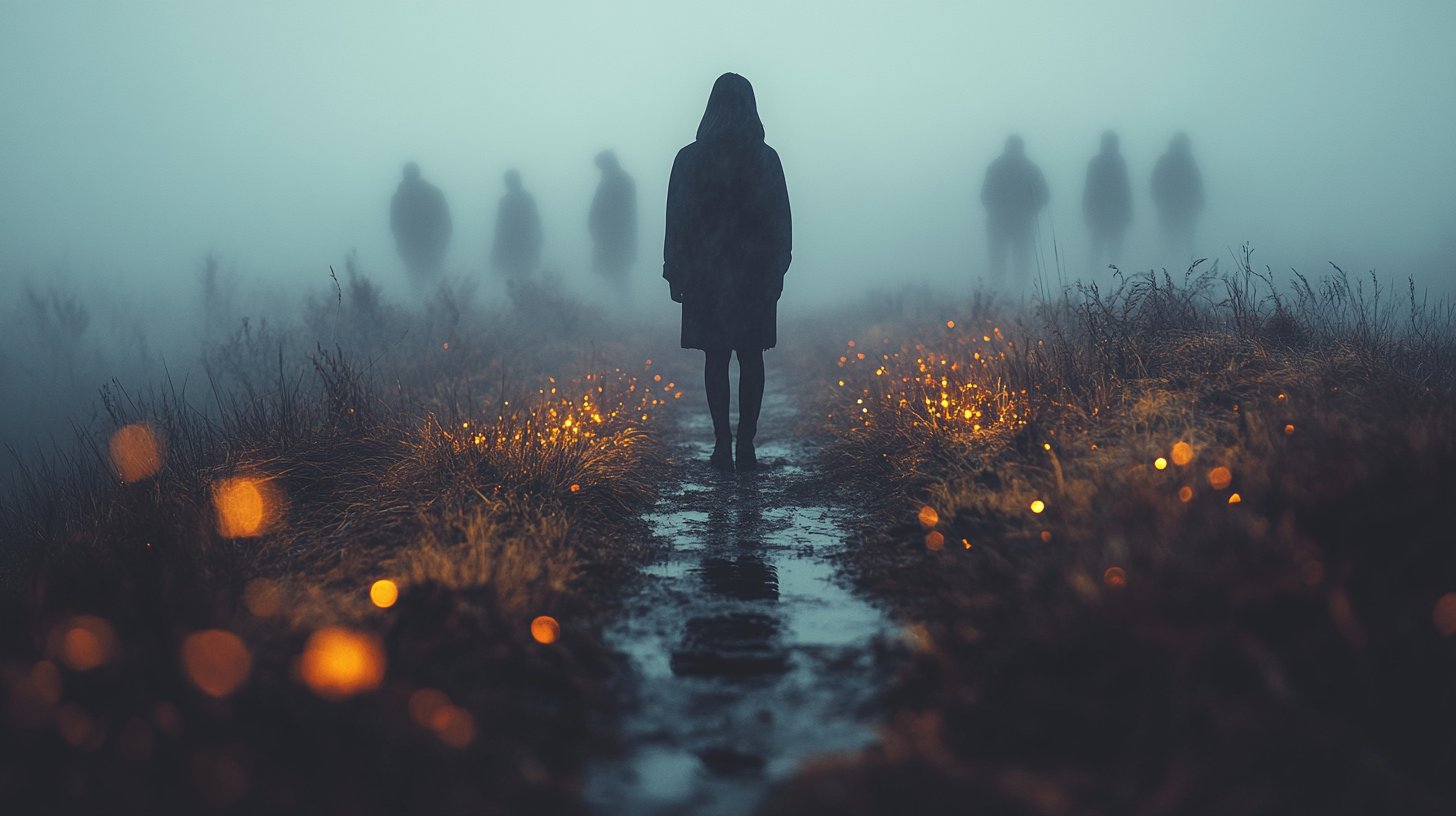 Una figura solitaria está en un camino con visiones borrosas de seres queridos.