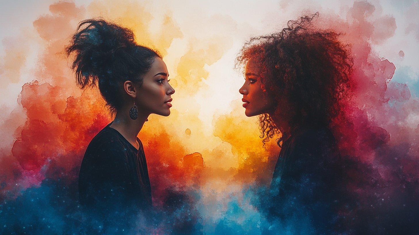 Zwei Menschen führen ein tiefgründiges Gespräch, Emotionen sprudeln in bunten Gedankenblasen.