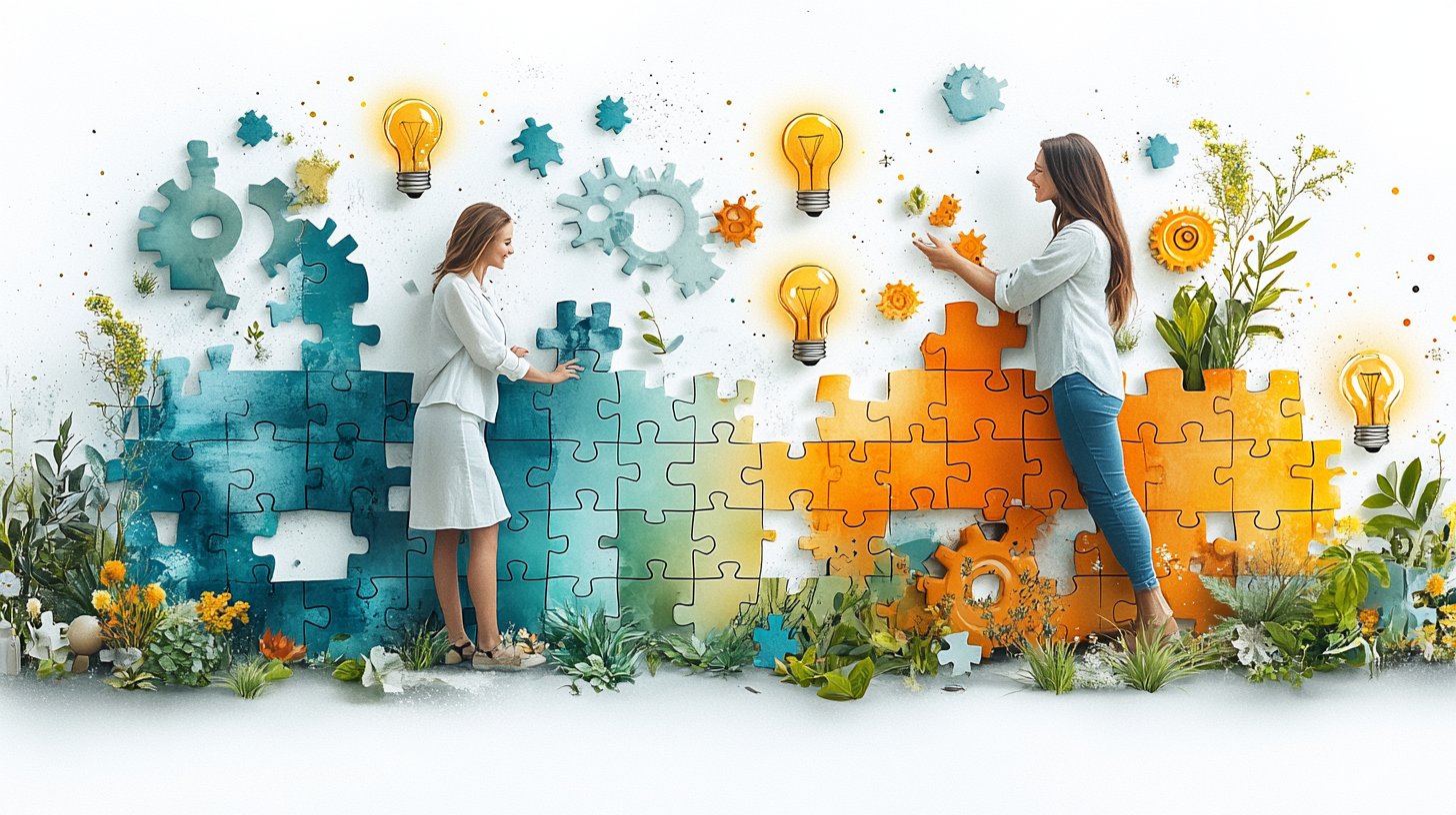 Ein Paar arbeitet zusammen an einem Puzzle, symbolisiert Kreativität und Teamarbeit.