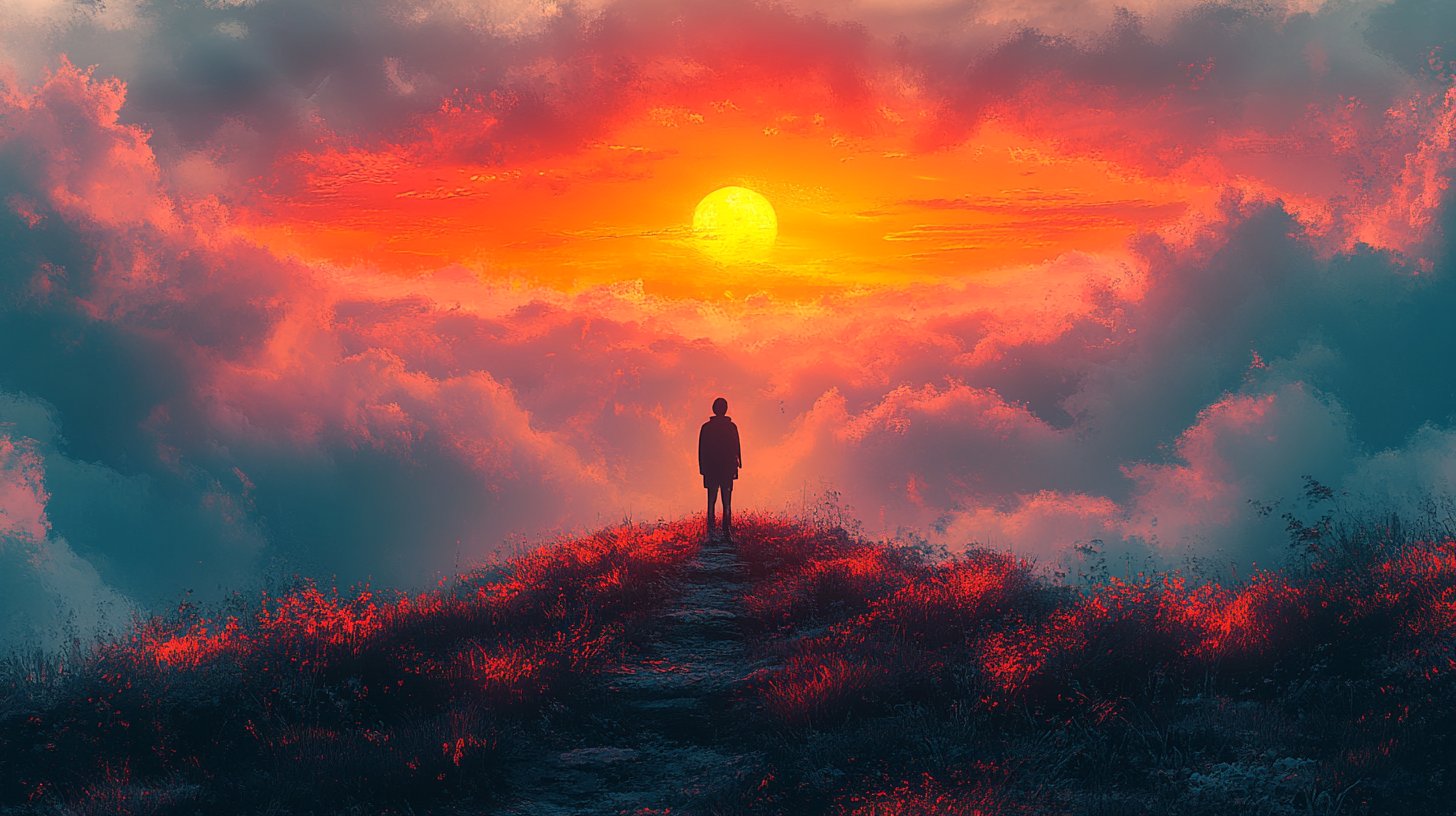 Ein Mensch, der einem hoffnungsvollen Sonnenaufgang gegenübersteht.