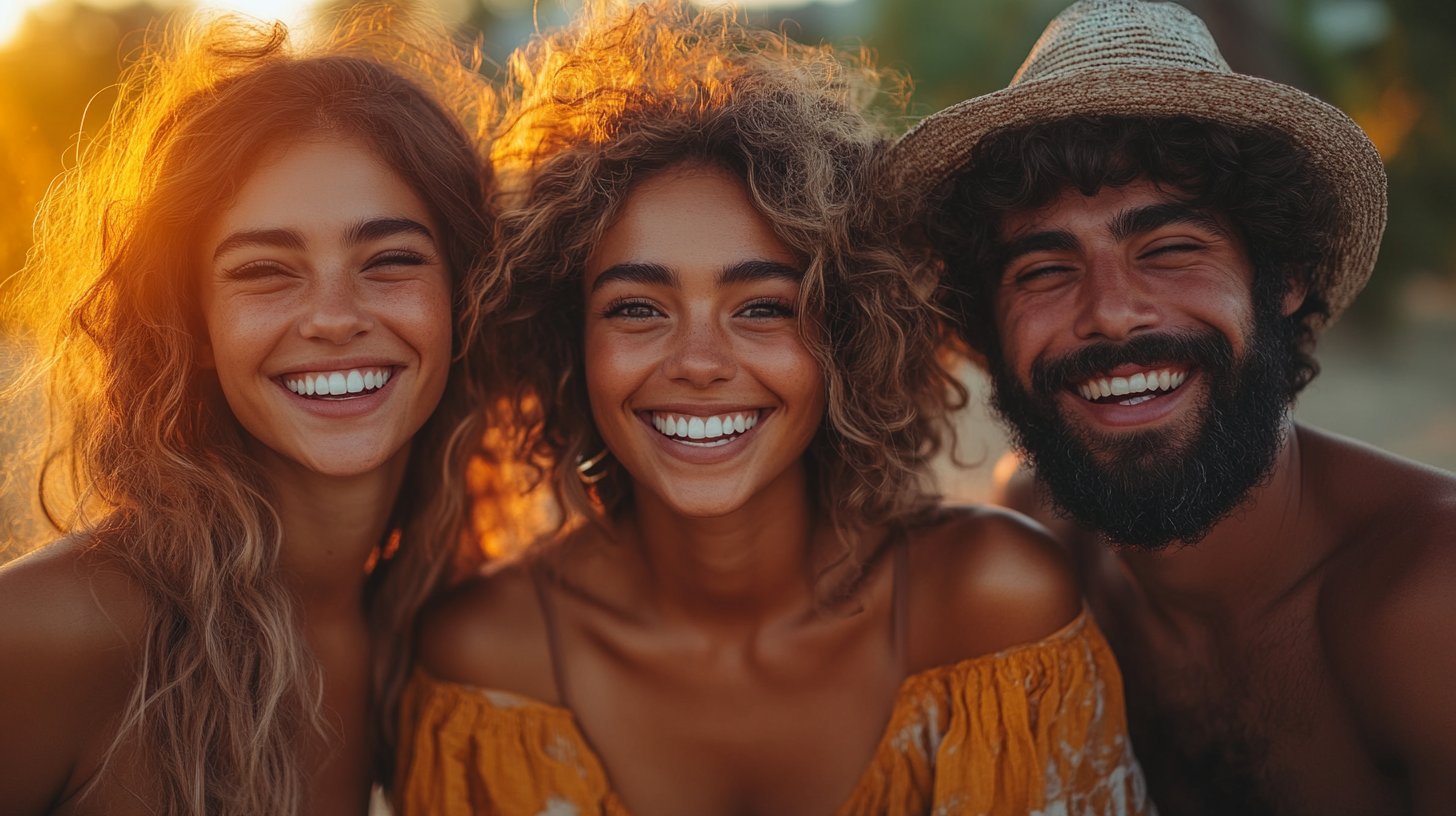 Amigos abrazándose en alegría y apoyo.