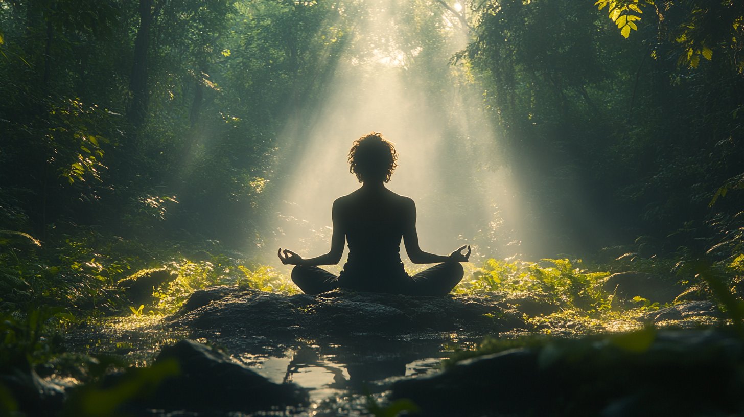 Una persona medita nella natura, circondata da verde lussureggiante.