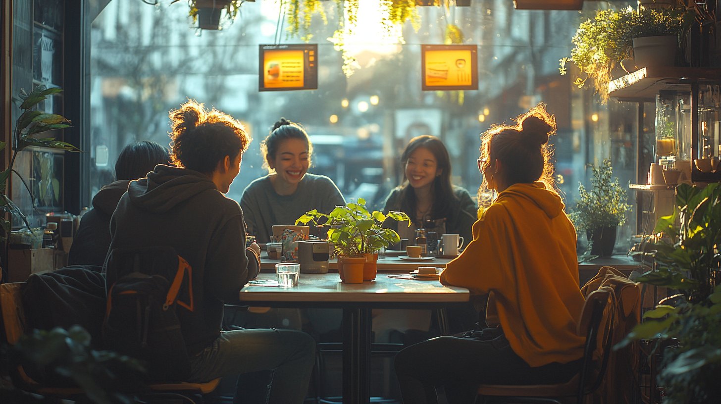 Persone diverse ridono e si connettono in un caffè accogliente.