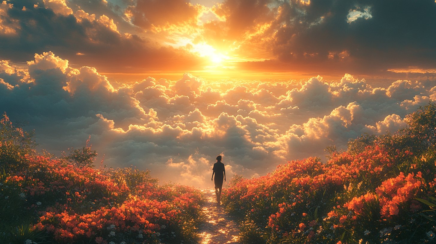 Eine Person auf einem blühenden Pfad, die Hoffnung und Erneuerung findet.