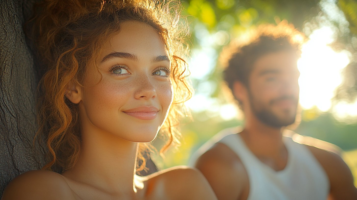 Zwei Partner führen unter einem Baum ein tiefes Gespräch.