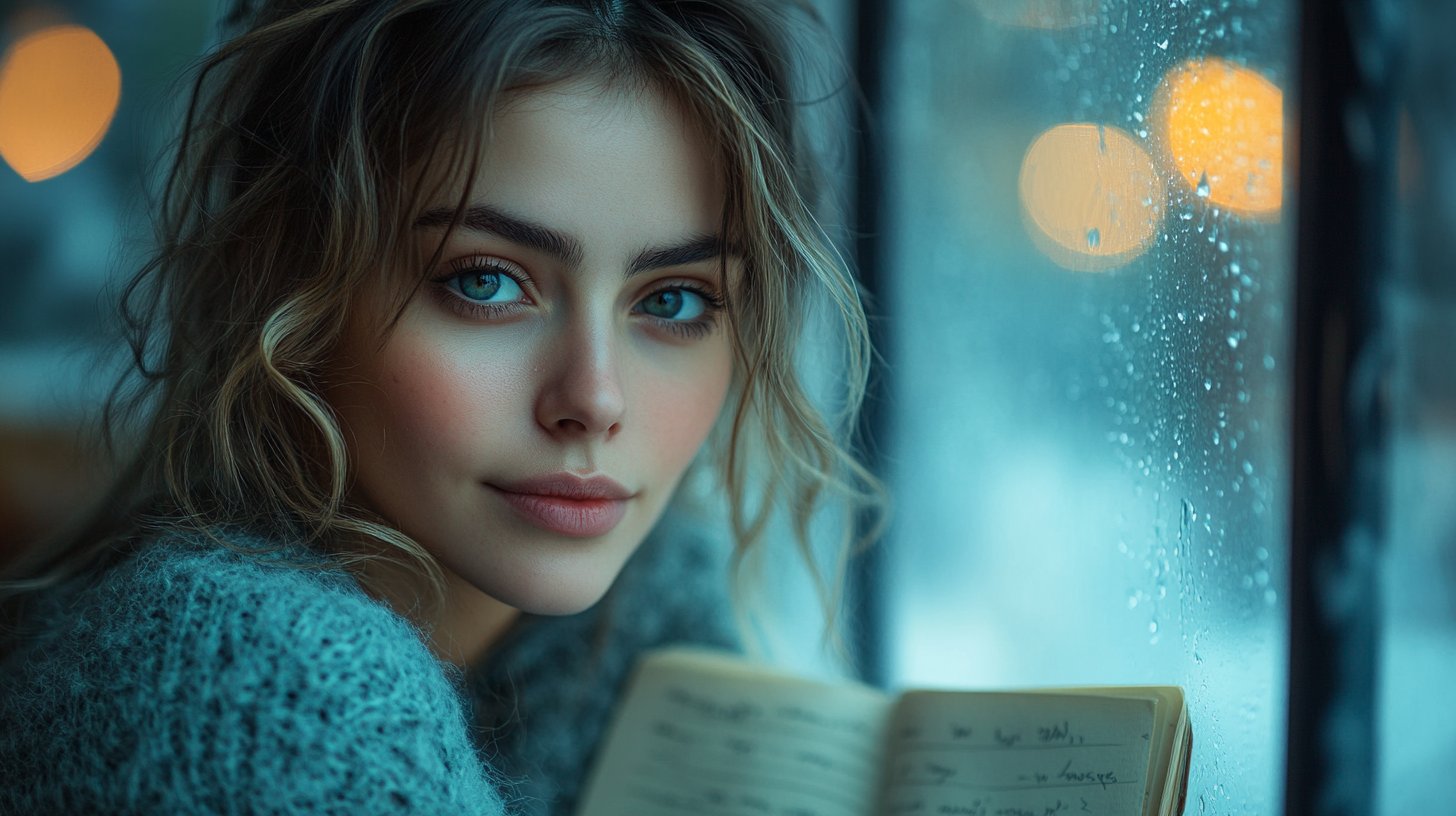 Eine nachdenkliche Person schreibt am Fenster in einem Tagebuch.