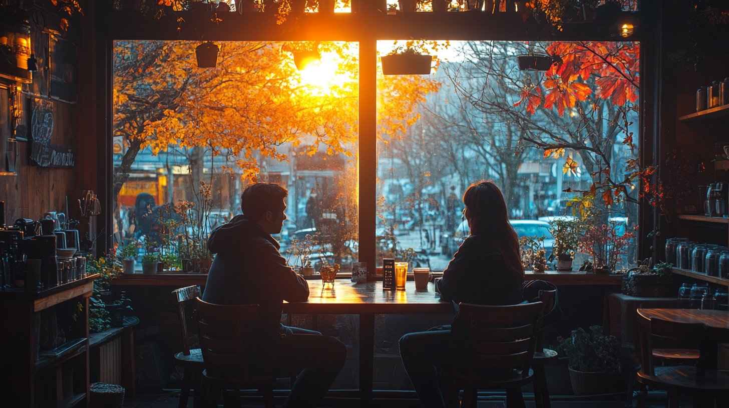 Zwei Menschen führen ein ehrliches Gespräch in einem gemütlichen Café.