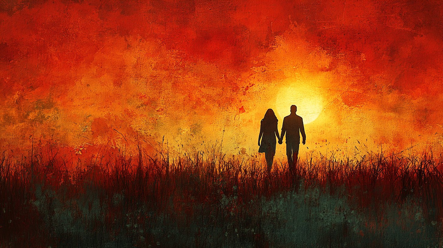 Ein Paar geht Hand in Hand einem hoffnungsvollen Horizont entgegen.