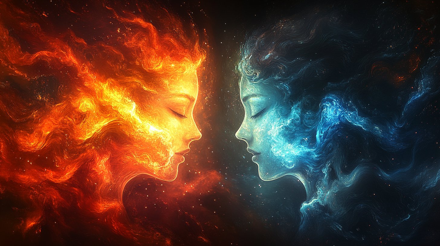 Eine ätherische Illustration zweier Seelen, die durch ein leuchtendes Band verbunden sind, umgeben von sanften, wirbelnden Farben.