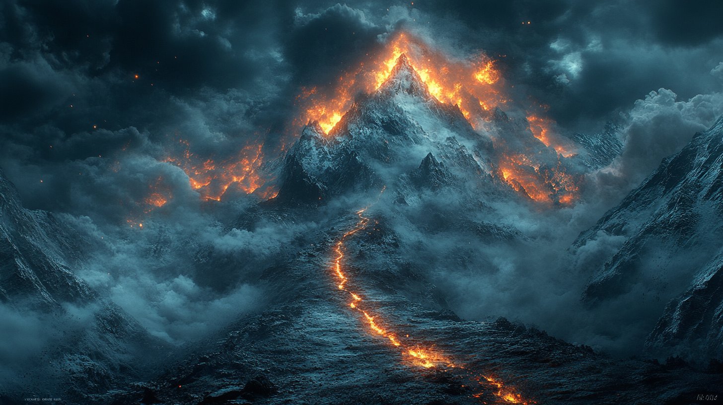 Ein herausfordernder Bergpfad, erleuchtet durch das Licht zweier Flammen, der Widerstandsfähigkeit und Entschlossenheit darstellt.