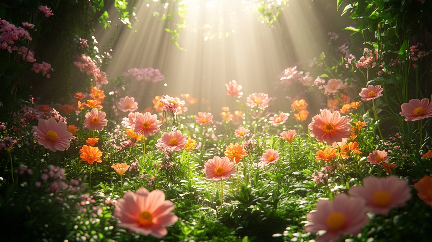 Eine ruhige Szene eines pflegenden Gartens, gefüllt mit blühenden Blumen und sanftem Licht, das Heilung und Wachstum symbolisiert.