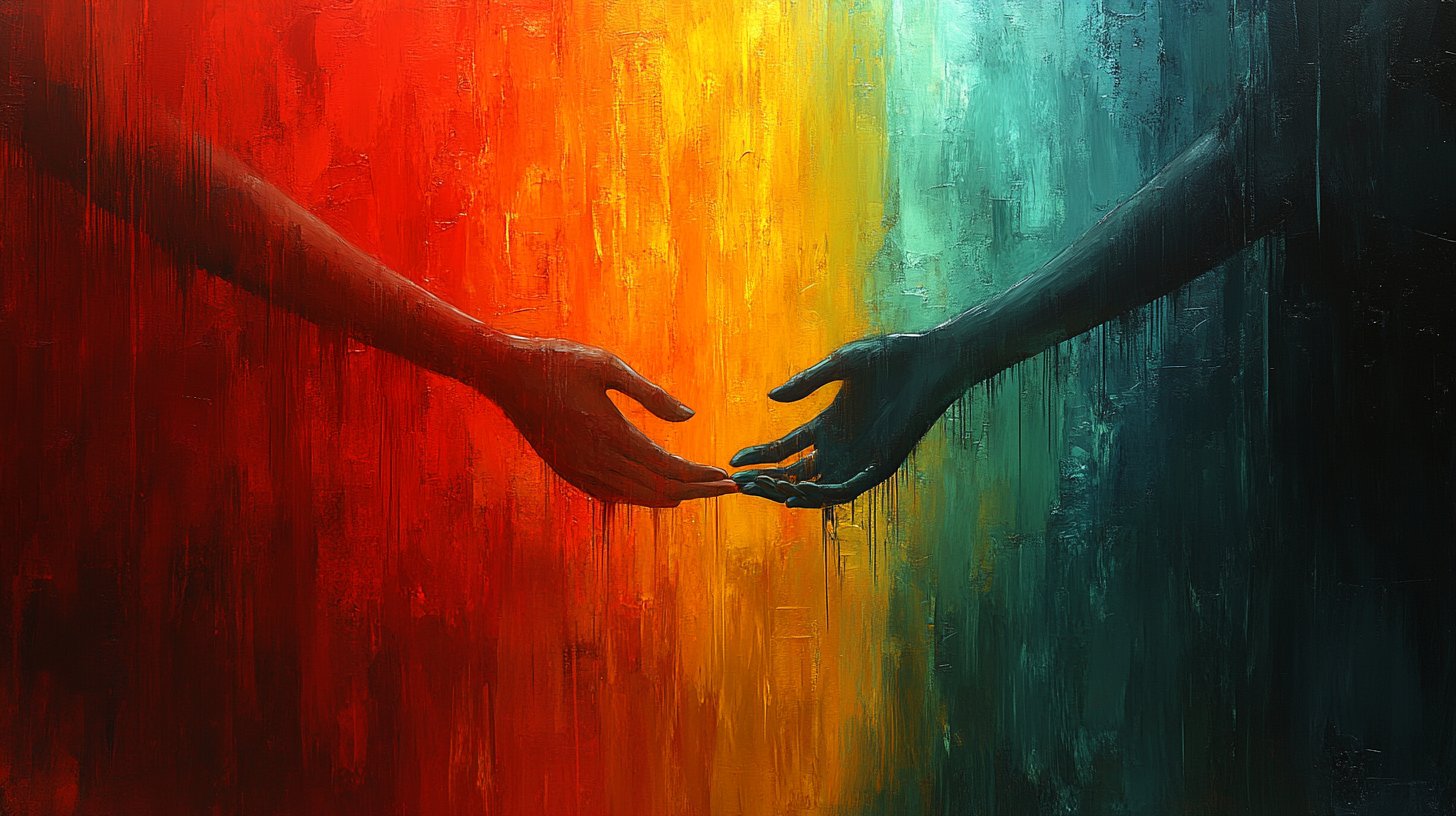 Eine Illustration zeigt den Kontrast zwischen Schwäche und Stärke durch unterstützende Gesten.