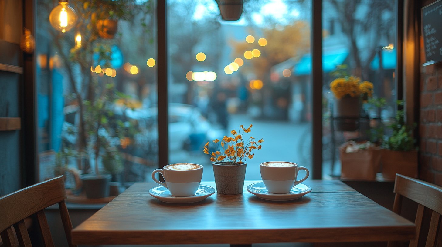 Atmosfera accogliente del caffè con due tazze di caffè.