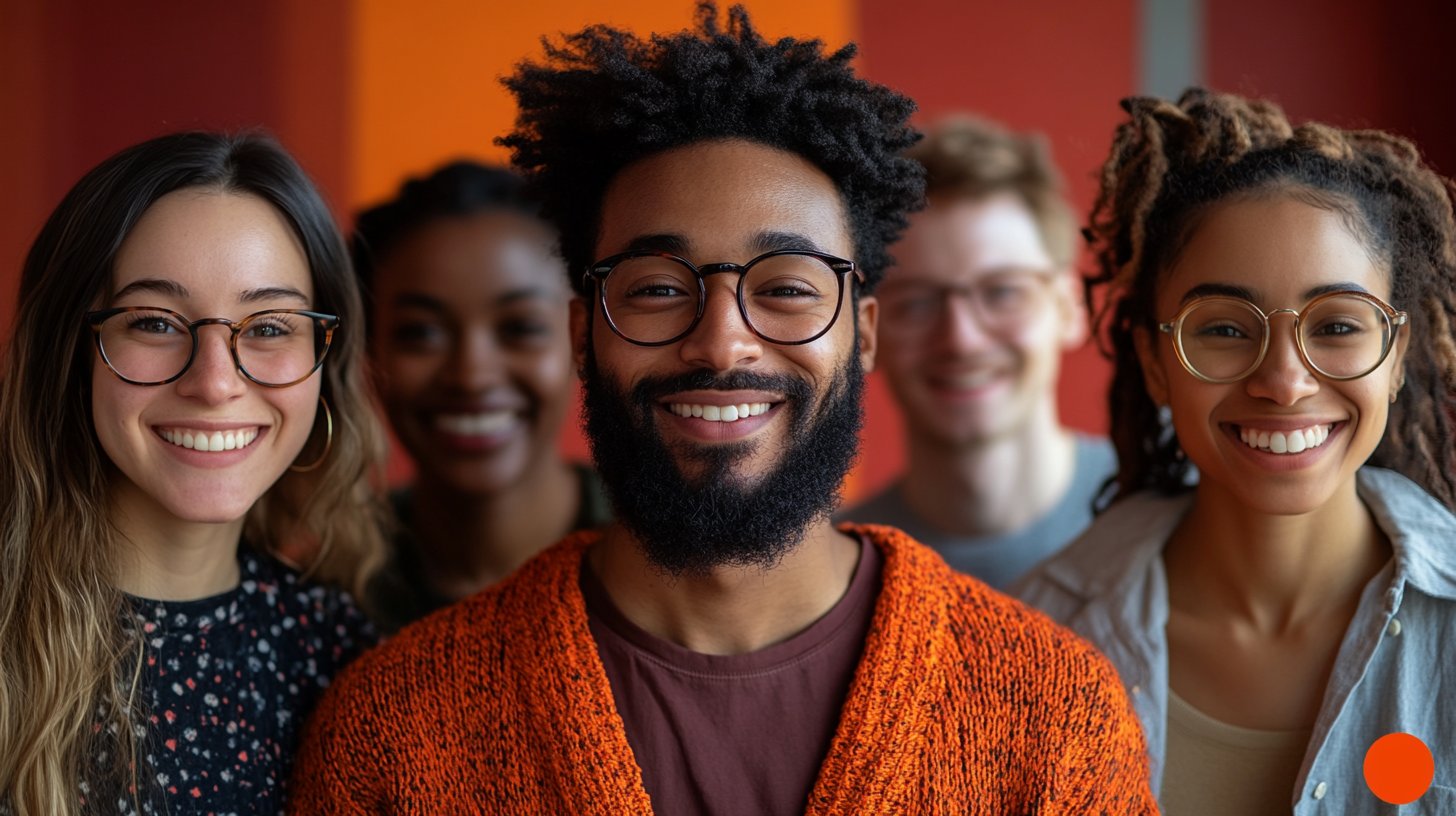 Gruppo eterogeneo in conversazione gioiosa.