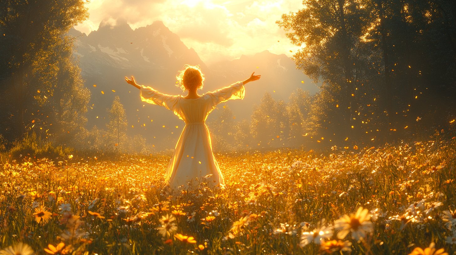 Eine Person tanzt fröhlich in einem sonnenbeschienenen Raum voller Farben.