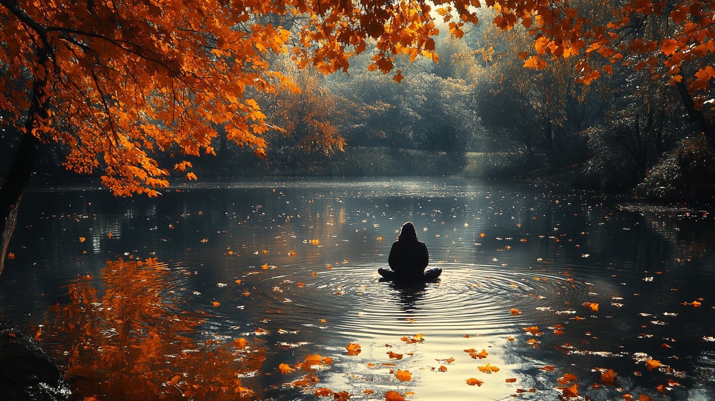 Eine Person sitzt am ruhigen See und reflektiert über das Leben.