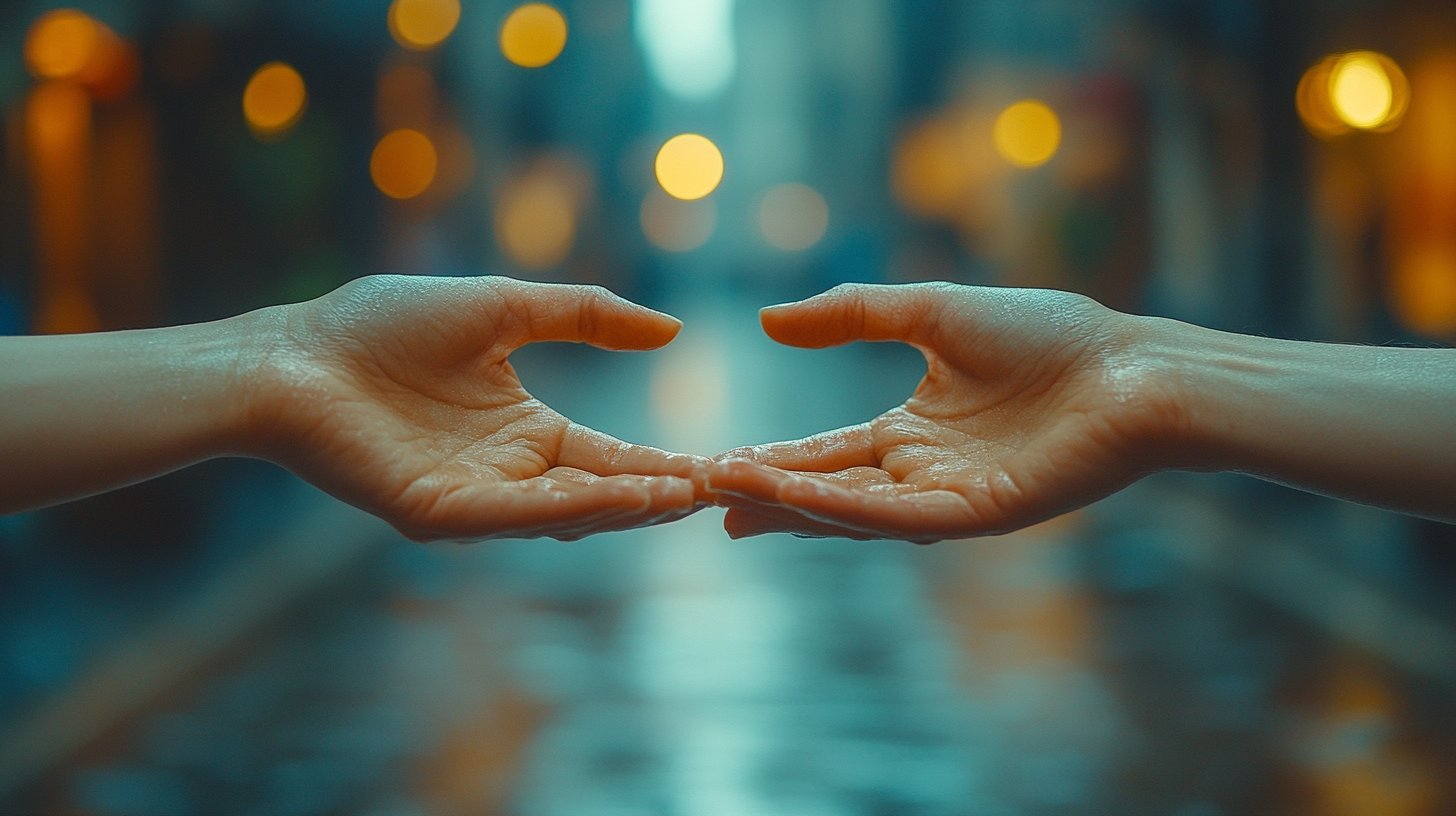 Une main tendue vers l'amour contraste avec celle du rejet, montrant l'amour contre l'abus.