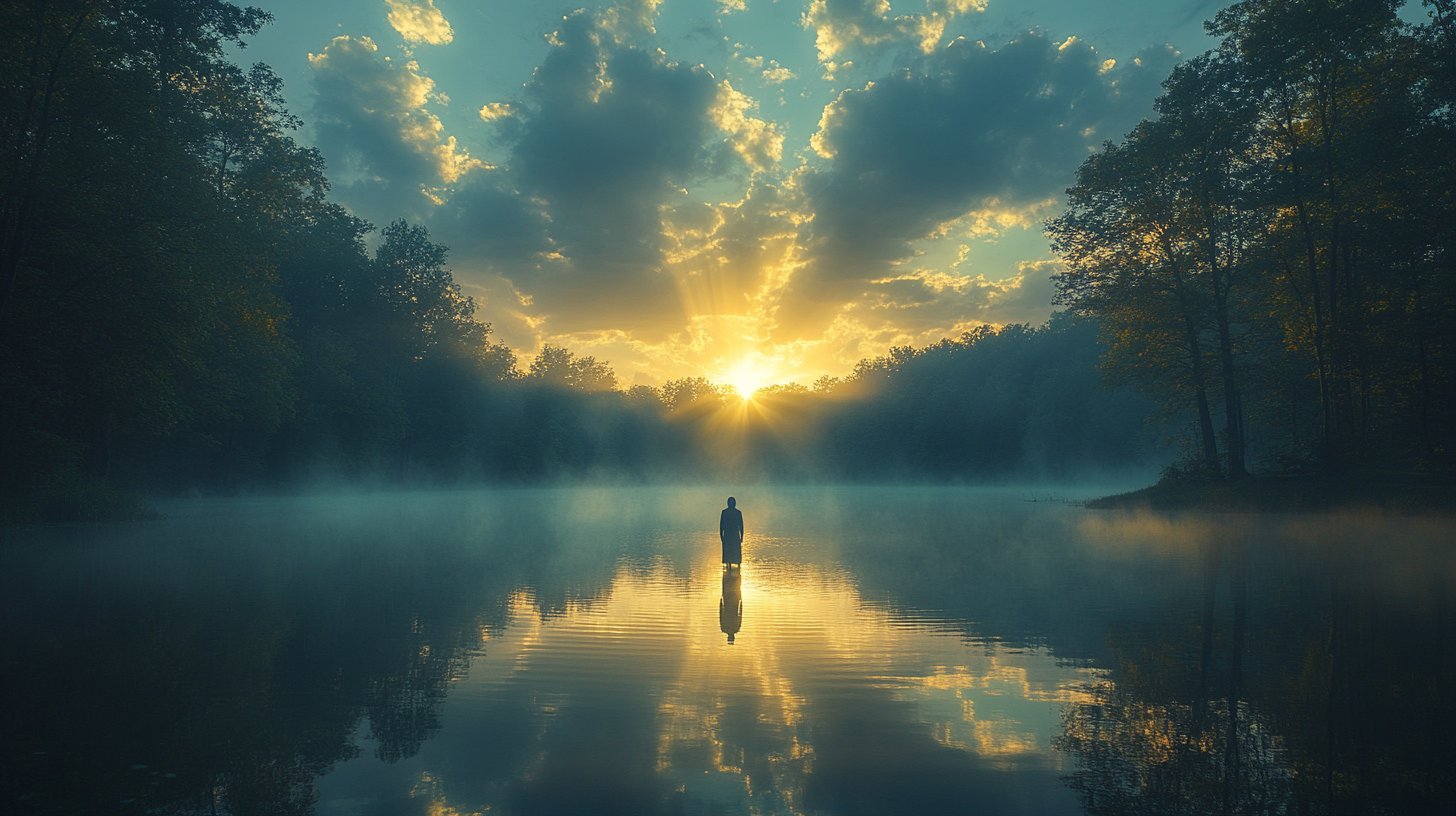 Une figure regardant un lac calme représente la réflexion personnelle et la croissance.