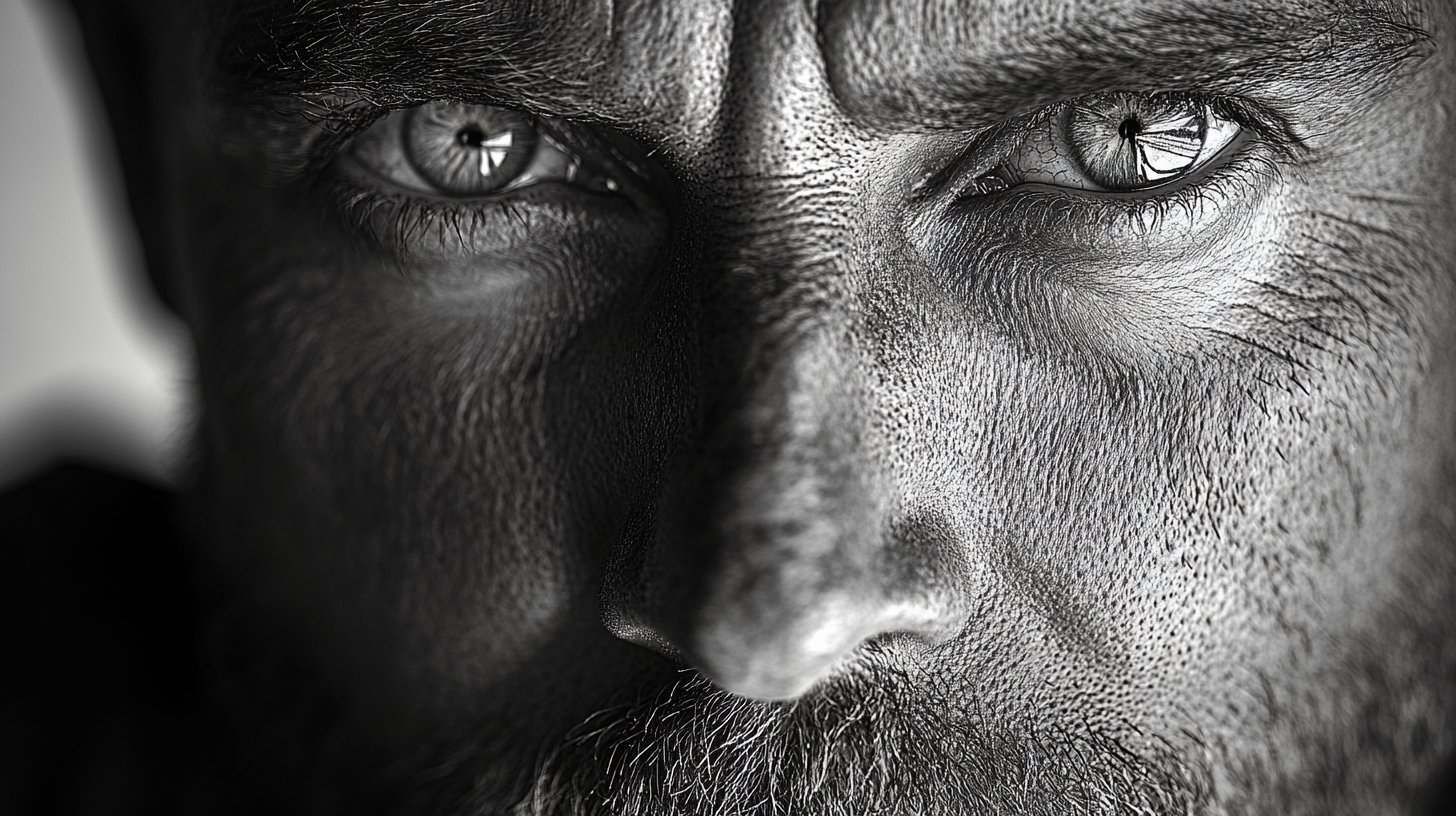 Il volto di un uomo riflette l'egoismo, circondato da ombre di isolamento.