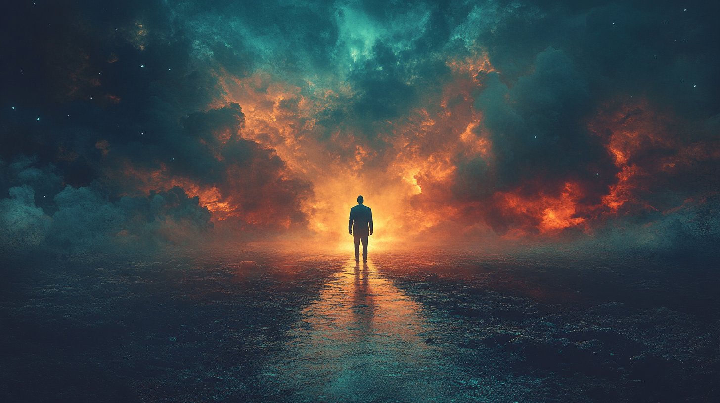 Un uomo a un bivio, esitante e guardando indietro verso un sentiero illuminato.