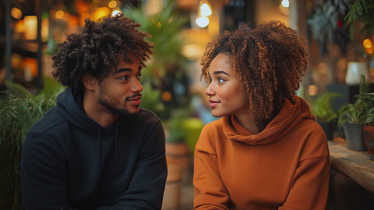Zwei Personen im tiefen Gespräch, offen und aufmerksam.