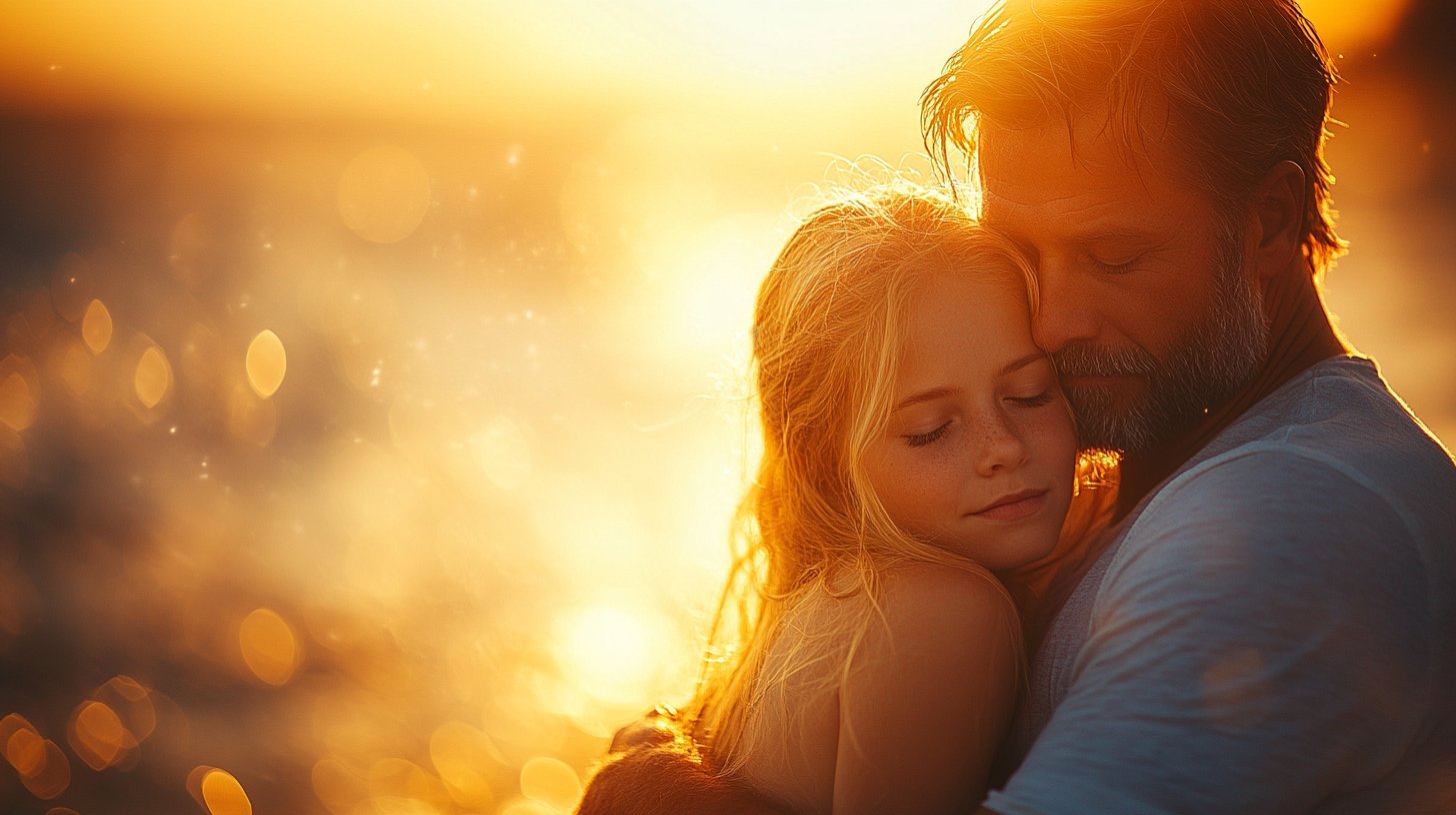 Ein Mann schützt seine Liebste in einer warmen Umarmung.