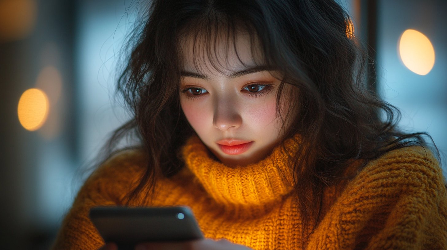 Gros plan sur une personne inquiète regardant son téléphone.