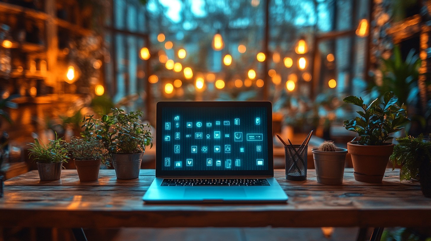 Un espace de travail moderne avec une technologie cachée sur l'ordinateur portable.
