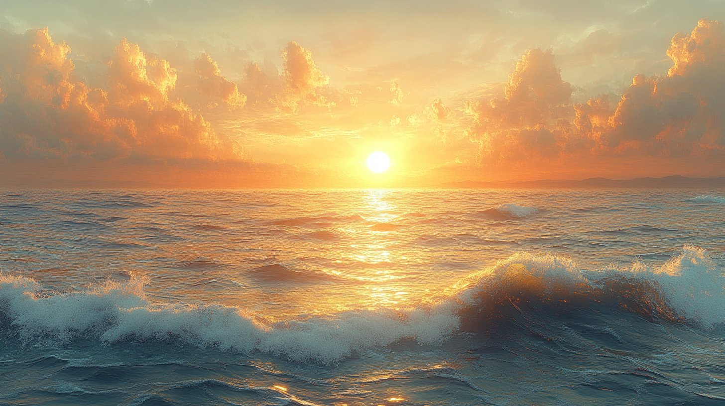 Un paesaggio sereno con un'alba su un mare calmo.