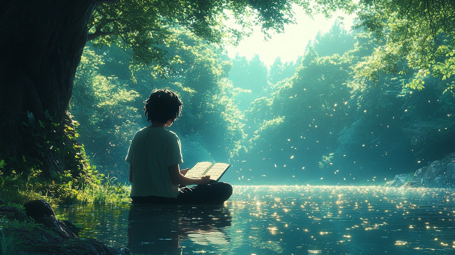 Una persona reflexiona pacíficamente junto a un lago, escribiendo en su diario.