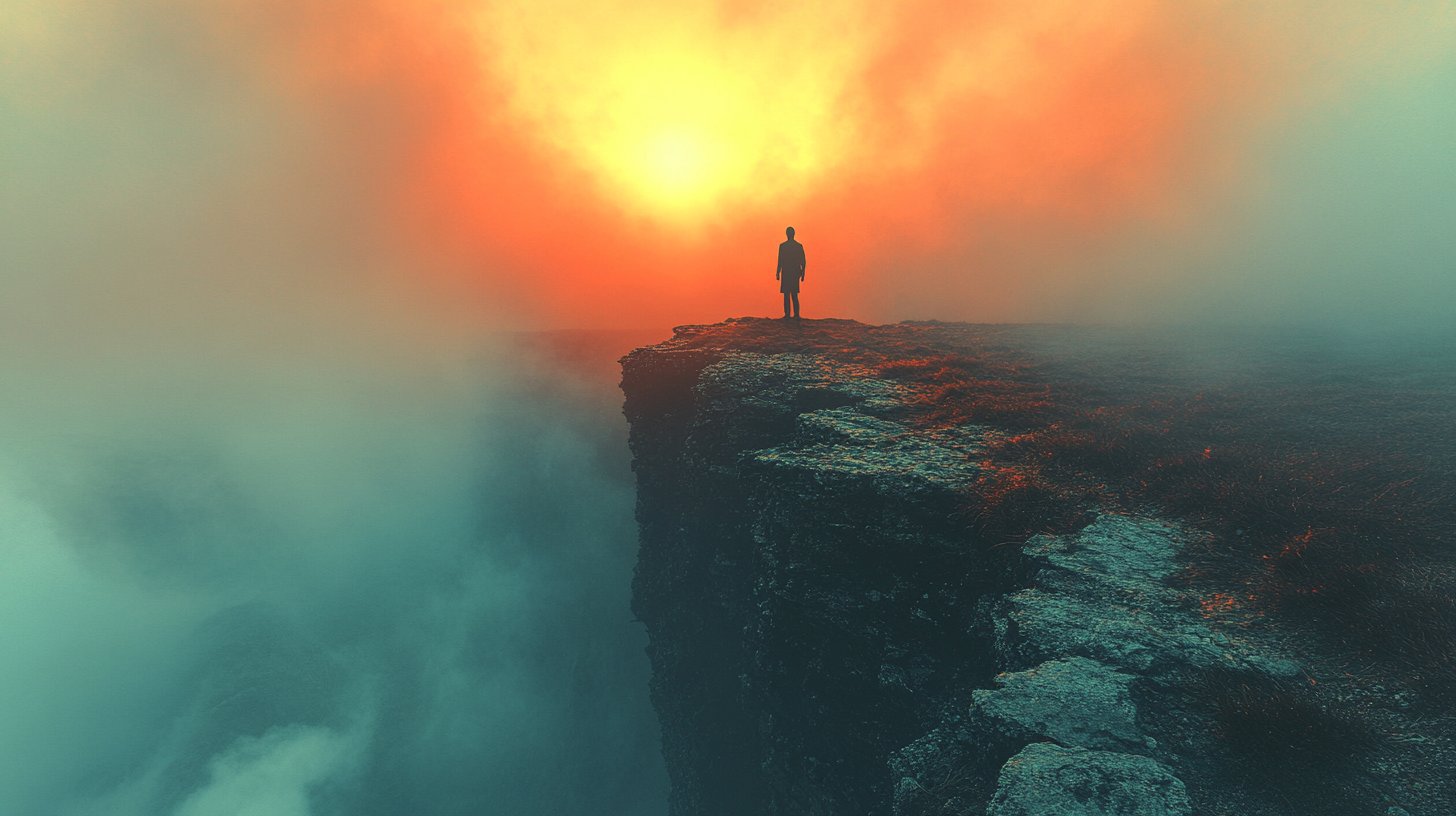 Una figura sombría dudando al borde del acantilado.