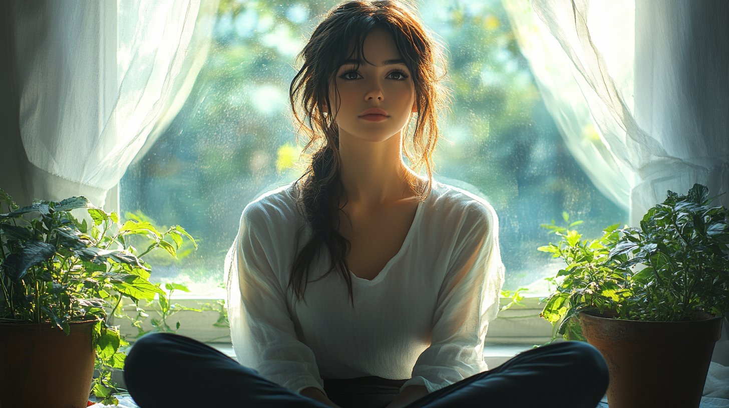 Eine nachdenkliche Frau am Fenster, die nach draußen blickt, umgeben von sanftem Licht.