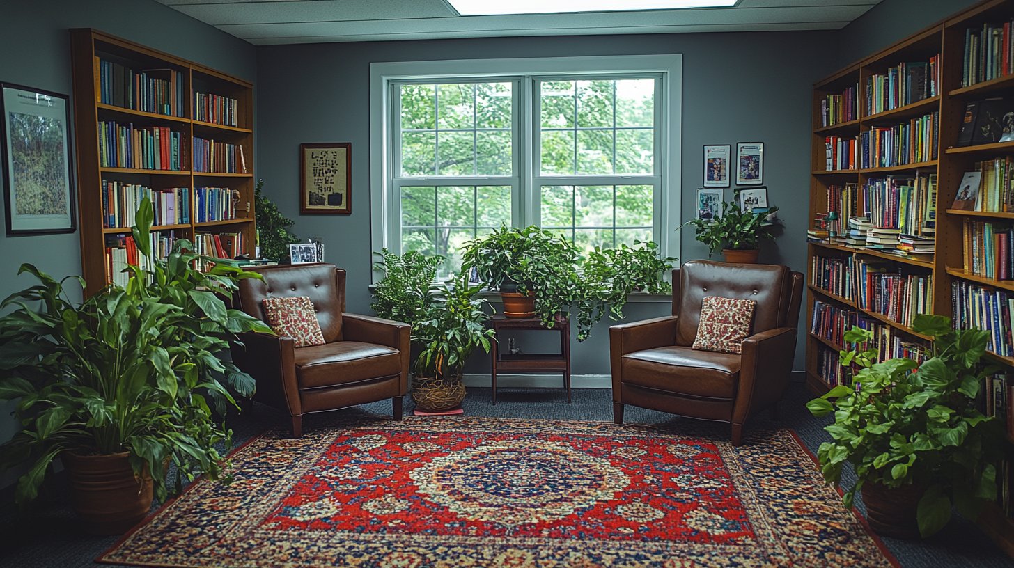 Un cabinet de thérapeute chaleureux qui respire l'espoir et le soutien.