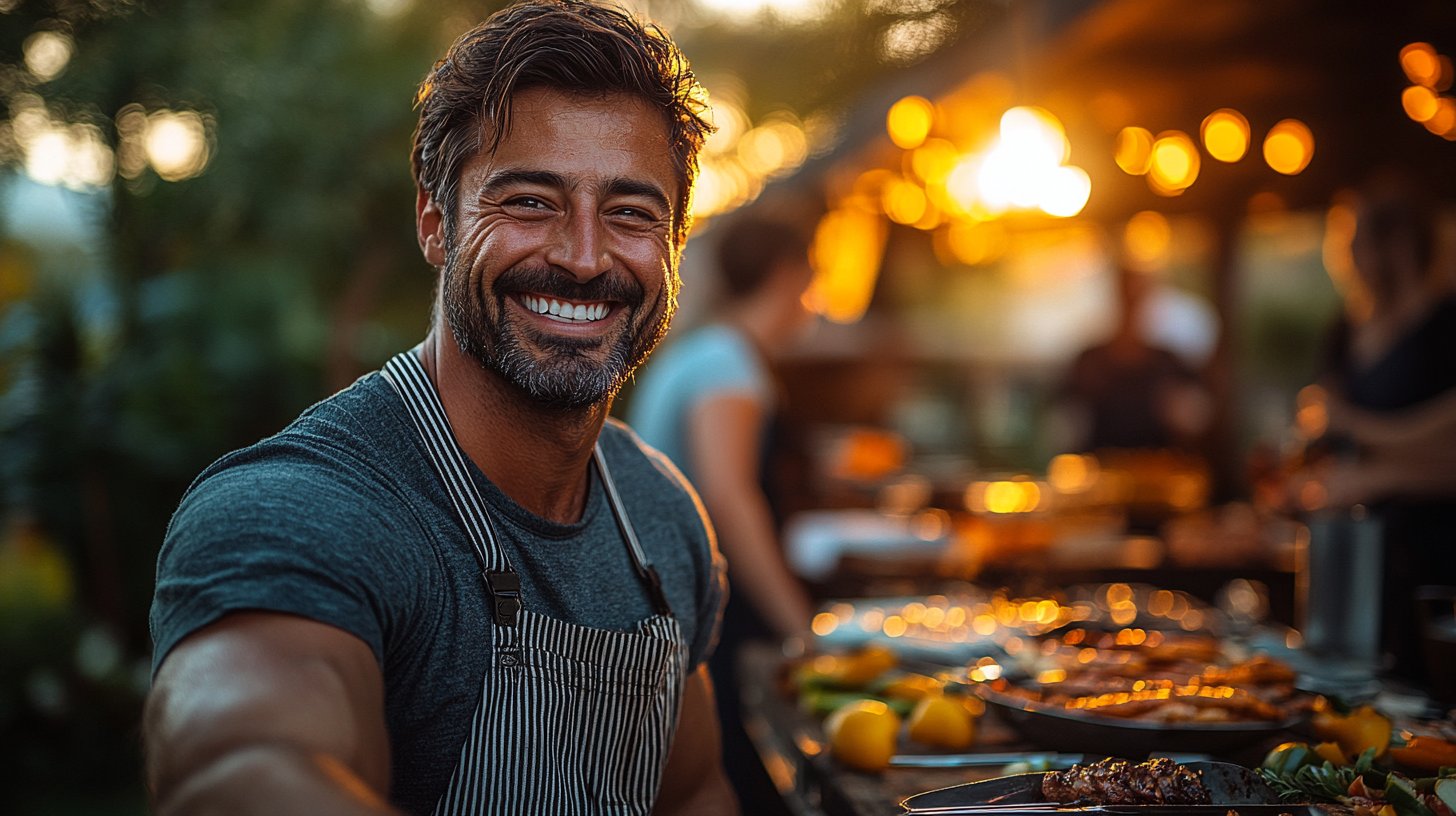 Un uomo ride di cuore con amici durante un barbecue.