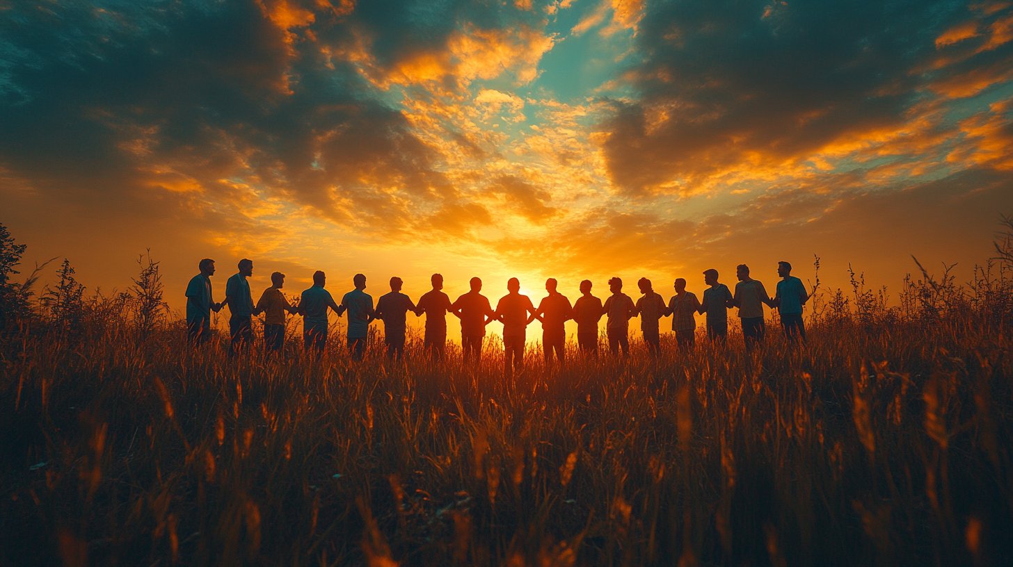 Uomini di diverse origini mostrano unità al tramonto.