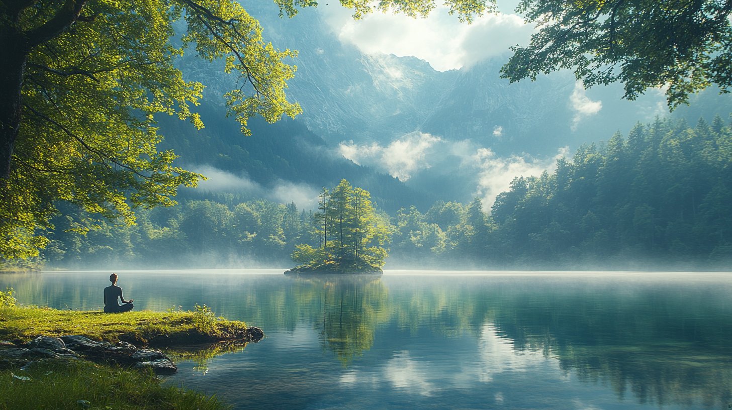 Meditation am ruhigen See, umgeben von Bäumen.
