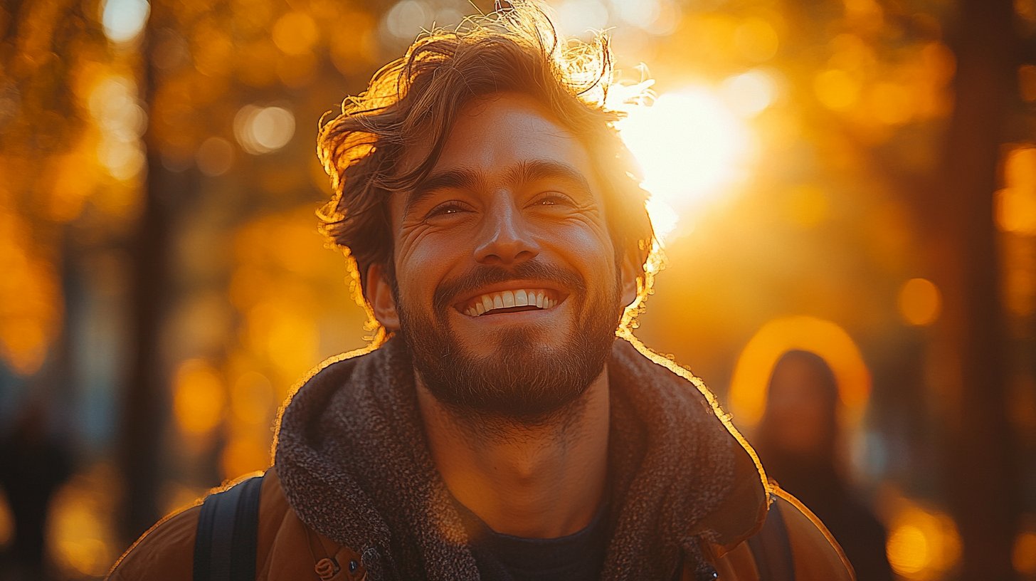 Ein Mann lacht authentisch mit Freunden im Park.