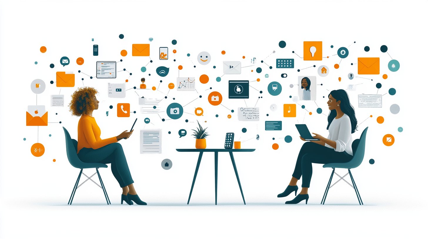 Zwei Figuren im harmonischen Gespräch, umgeben von Kommunikationssymbolen.