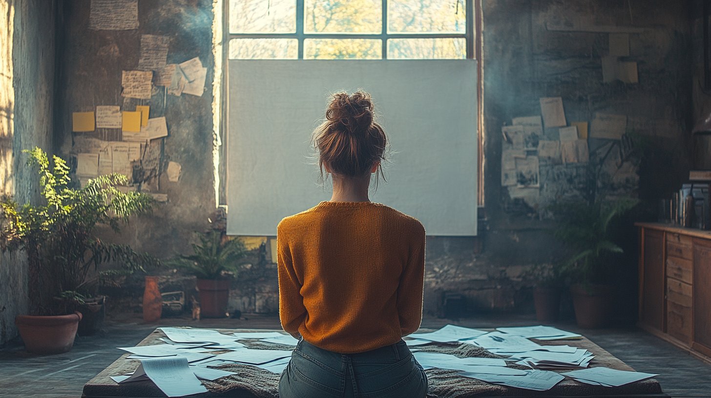 Eine Person betrachtet nachdenklich ein leeres Whiteboard, umgeben von zerknülltem Papier.