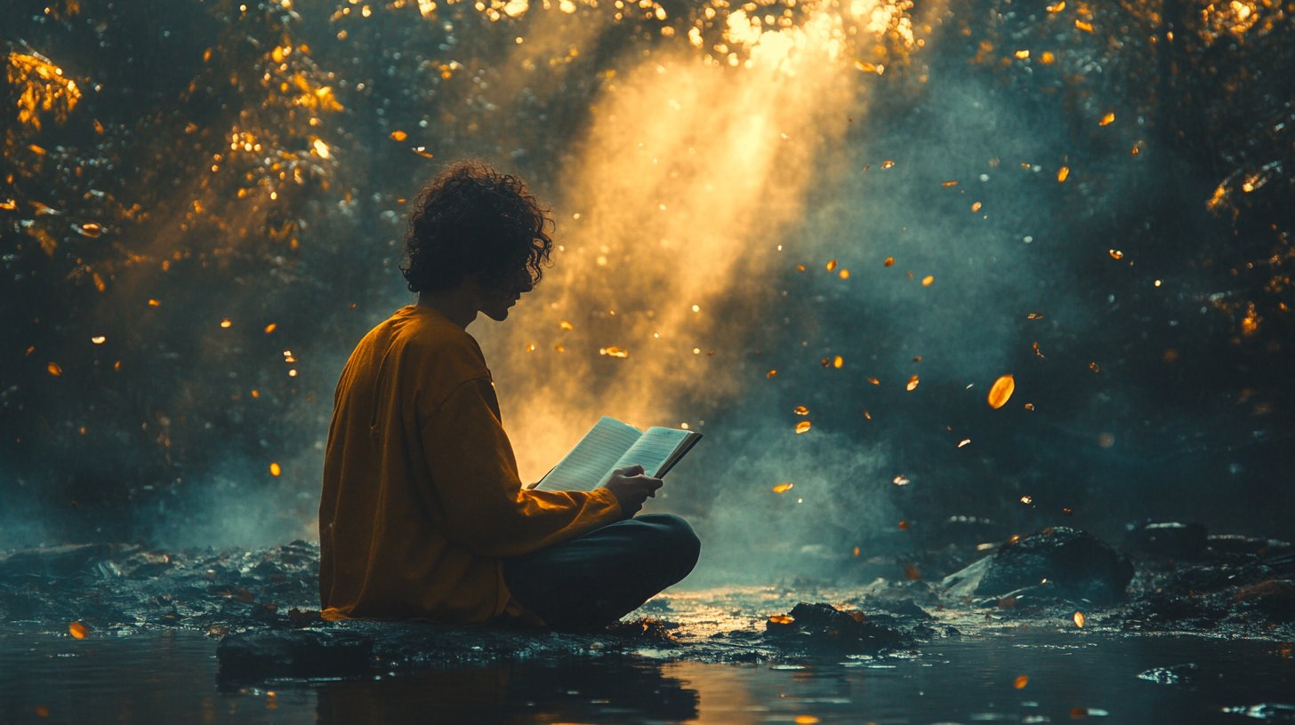 A reflective individual with a journal, immersed in tranquility and emotional insight.