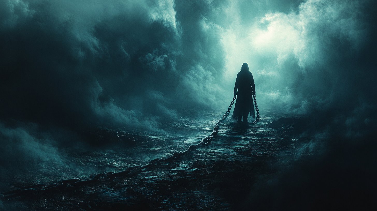 Eine schattenhafte Figur, gefesselt von der Vergangenheit.