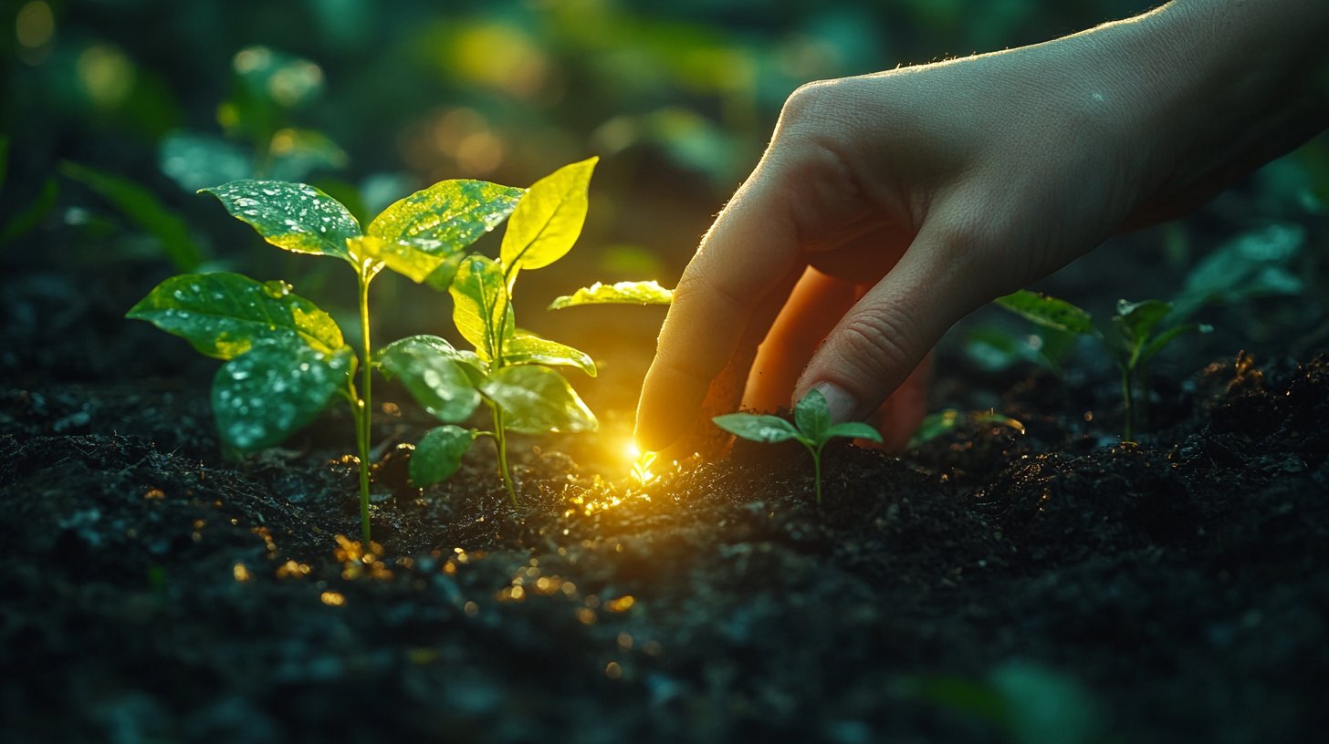 Nahaufnahme einer Hand, die einen Samen in die Erde pflanzt.