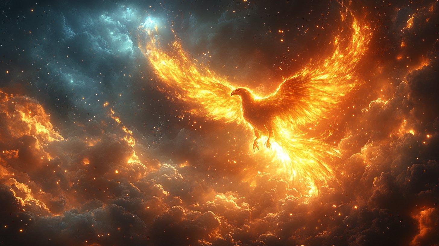 Ein Phönix, der aus der Asche emporsteigt, unter einem schönen Himmel.