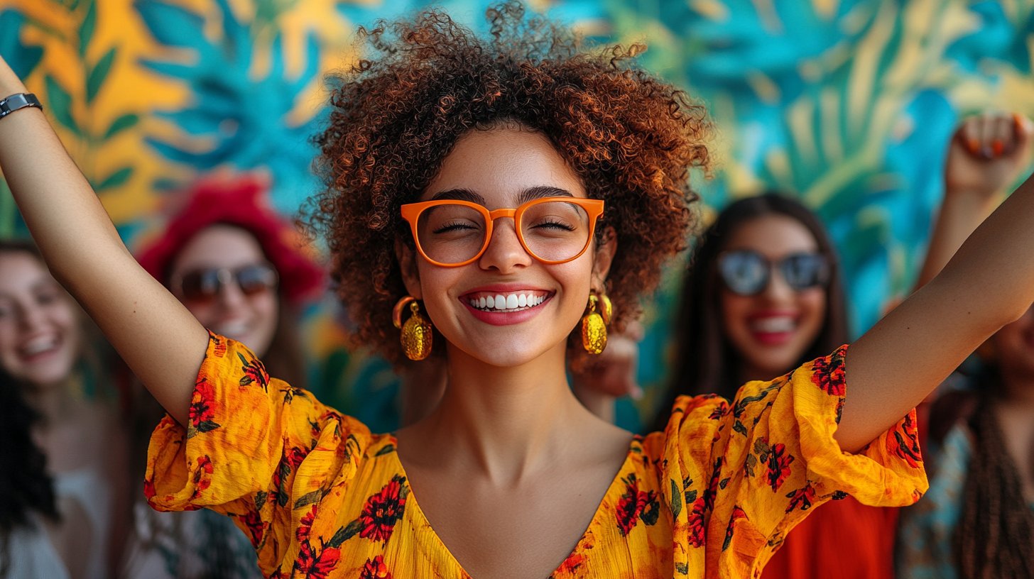 A diverse group shares joyful moments, celebrating individuality and self-love.