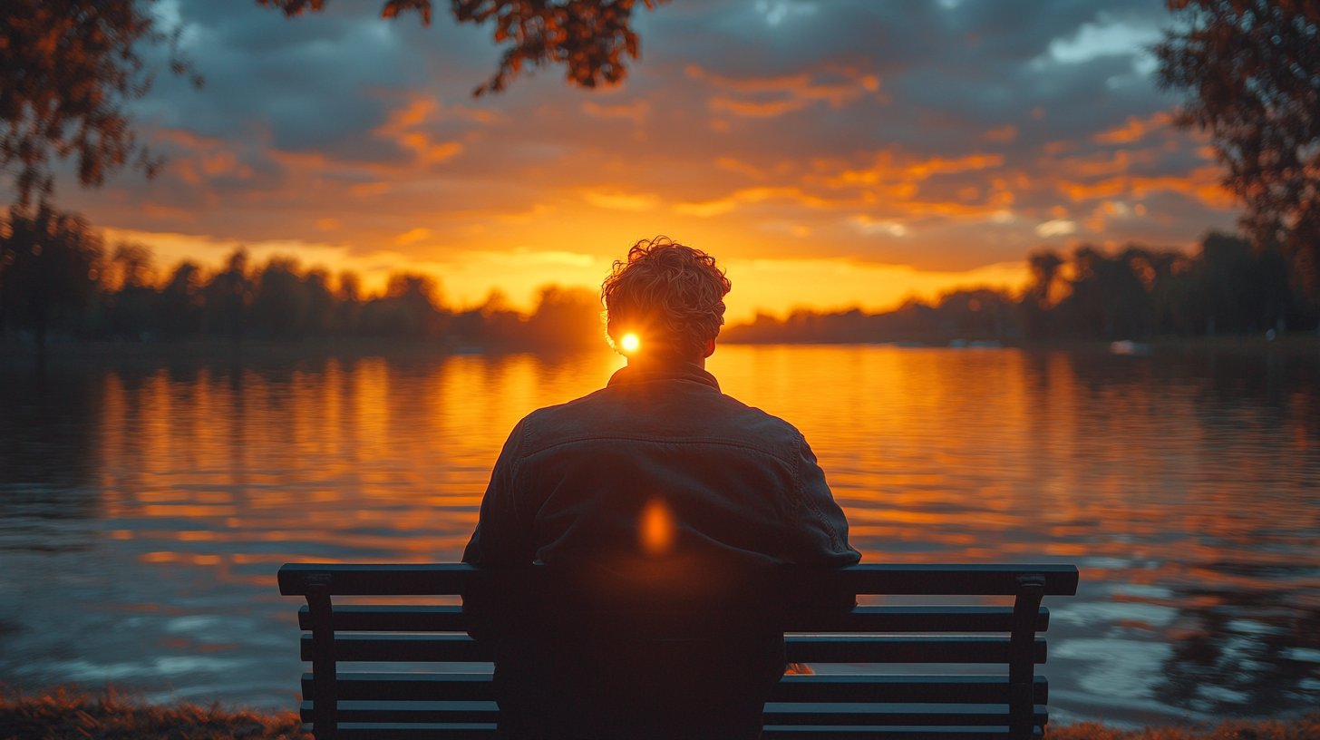 Eine Person auf einer Bank, die nachdenklich einen Sonnenuntergang betrachtet.