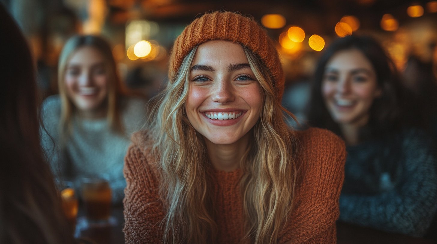 Eine Gruppe von Freunden lacht in einem gemütlichen Café.
