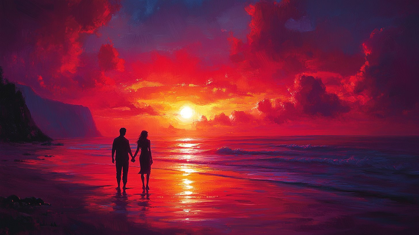 Ein romantisches Paar genießt den Sonnenuntergang am Strand.